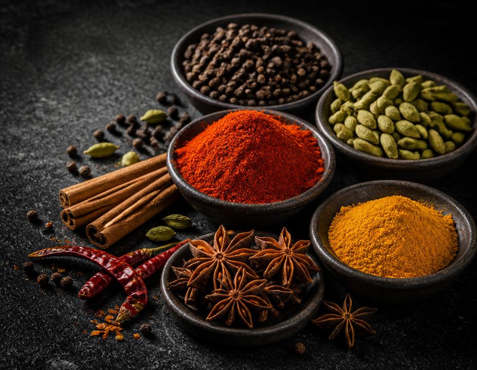 Bowls filled with colourful whole and ground spices