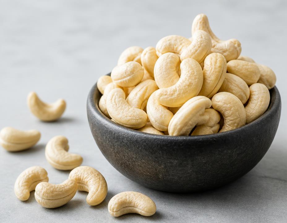 Premium whole cashews in a dark stone bowl